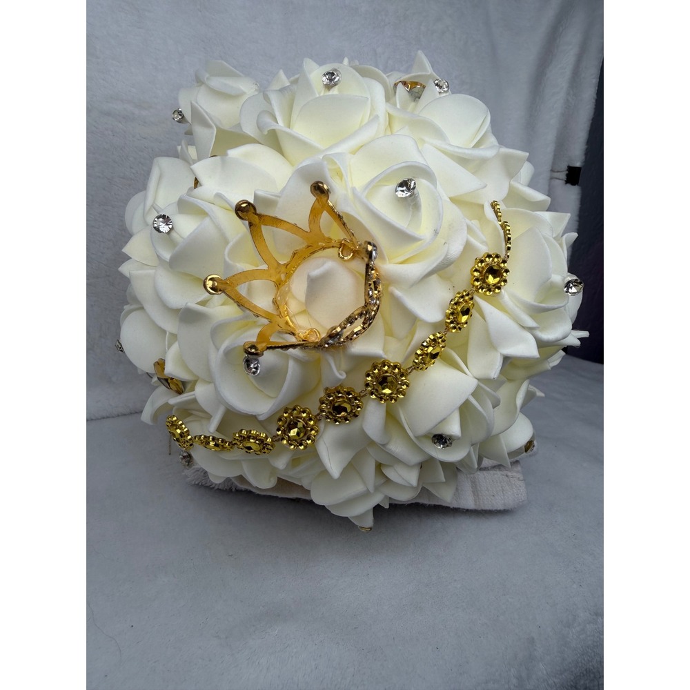 Handmade Wedding Bouquet Womens OS White Gold Excellent Fan Crown Rhinestones